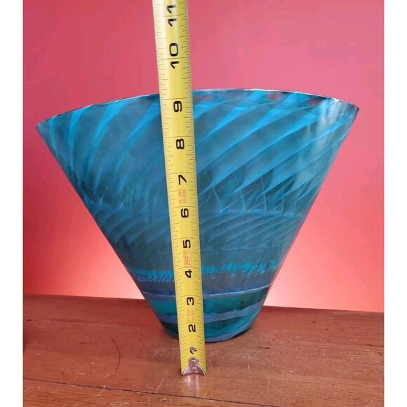 Murano Aquamarine Swirl Ocean Glass Vase Green Vintage Rare Labeled Italy Bowl - Picture 5 of 11